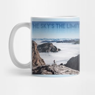 The Sky's the limit, man on top of a mountain, motivational poster Mug